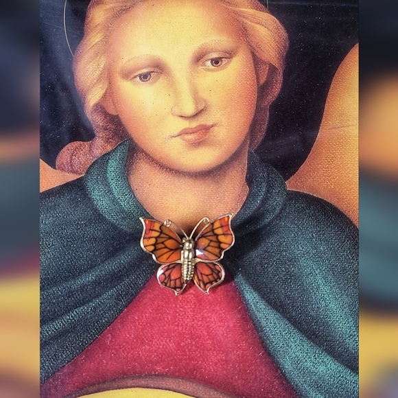 Vintage gold tone enamel orange black butterfly brooch pin / necklace pe… - Picture 6 of 17